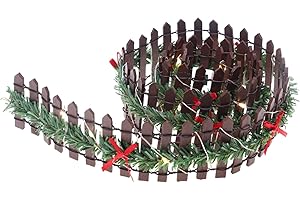 WIROOUIA Miniature Christmas Village Fence, Decorative Picket Fence, Wooden Fairy Garden Accessories with LED Light, Party Decoration for Christmas Village Landscape - 90cm
