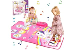 3 in 1 Piano Drum Baby Activity Mat, Unicorn Pink, Interactive Musical Floor Mat with Piano and Drum Keyboard, Educational Unicorn Design for Girls
