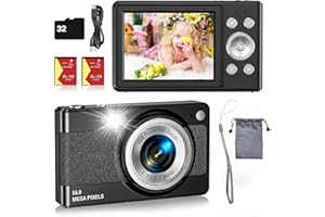 FLEAFER Digital Camera,56MP FHD 1080P Camera for Kids, Point and Shoot with 16X Zoom Anti Shake, Kid Camera with 32GB TF Card, Two Batteries, Lanyard, Compact Portable for Kids Teens Beginners-Black