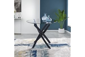GOLDFAN Tavolo da Pranzo Rotondo inVetro Moderno 80 cm con Gambe in Metallo Per Sala da Pranzo Soggiorno Cucina Nero