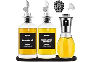 MIFXIN Olive Oil Dispenser Bottle & Oil Sprayer for Cooking, w.Silicone Pour Spout & Bamboo Tray, Coffee Syrup Dispenser, for Steak, Salad Making, Frying, Garden BBQ, Air Fryers, Kitchen Baking