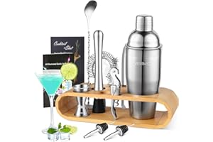 YISSVIC Cocktail Set Cocktail Shaker Bar 10-teiliges Cocktail Mixer Edelstahl Cocktailset 750ml mit Holzständer und Rezeptbuch