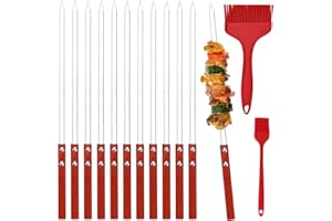 GALOZZOIT Lot de 12 brochettes plates en acier inoxydable 40 cm × 10 mm avec manche en bois – Avec grande et petite brosse rouge – Brochettes kebab pour barbecue