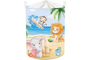 Clastyle 45L Ceste Biancheria Surf Estivo Scimmia Leone Elefante Cestino Portaoggetti Giocattoli Colorato Tondo Pieghevole per Camera dei Bambini, 36x45 cm