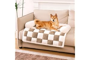 FUNNY FUZZY Housse de canapé pour canapé et animal de compagnie, tapis en peluche pour protection de meubles, motif à carreaux carrés crème, marron latte, taille M