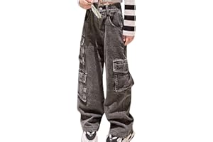 Panegy Ripped Jeans for Girls High Elastic Waist Baggy Casual Wide Leg Denim Jeans Fashion Washed Trousers with Pockets Stretchy Vintage Pants Age 5-15 Years