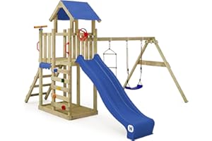 ‎WICKEY Wickey Spielturm Klettergerüst MultiFlyer Light, Schaukel & Blauer Rutsche, Outdoor Kinder Kletterturm mit Sandkasten, Leiter & Spiel-Zubehör für den Garten