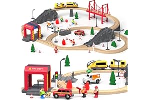 GIANT BEAN Train en Bois 72 Pièces, Rails et Wagons en Bois, Set de Train pour Enfants, Kit Ferroviaire Jouet pour Enfants de 3 4 5 Ans, Cadeau pour Filles et Garçons​ (Rouge)