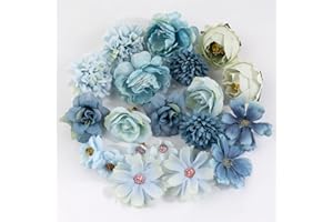 BOFUNX 20 Cabezas Flores Artificiales Mixtos Flores Falsas Decorativas Azul de Tela Decoración para DIY Manualidades de Boda Corona Nupcial Pared Fiesta Hogar