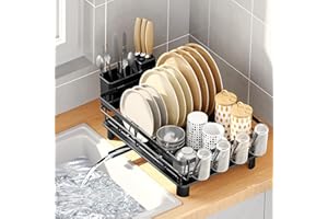 JOUING Scolapiatti da Appoggio Scolapiatti da Lavellocon Drenaggio Automatico Scolapiatti in Metallo con Vassoio Dish Rack con Porta Posate e Portabicchieri (Nero, Grande)