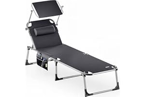 ‎CASARIA Casaria® Sonnenliege Aluminium Klappbar 180 kg Belastbar Gartenliege Sonnendach Kissen Seitentasche Leicht Wetterfest Liegestuhl Garten 210x61cm Grau