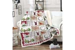 WONGS BEDDING Koc bożonarodzeniowy podwójny dwustronny z nadrukiem choinki Świętego Mikołaja Sherpa koc narzuta miękka pościel z mikrofibry koc polarowy na łóżko i kanapę 150 x 200 cm