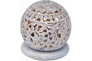 Indus lifespace - Portacandele rotondo in steatite intagliata in rilievo, fatto a mano, piccolo, adatto per lumini, con fiori e motivo Jali