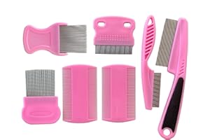 FurCare Flea Comb 7 Pieces Set for Cats and Dogs to Kill Fleas and Eggs, Kitten Flea Comb Stainless Steel Lice and Tick Combs for Cats (Pink Colour)