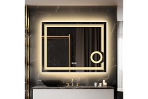 LUVODI Lustro łazienkowe z powiększającym lustrem, oświetlenie: 90 x 70 cm, lustro łazienkowe LED, lustro kosmetyczne z 3-krotnym powiększeniem – inteligentne lustro ścienne, dotykowe, funkcja