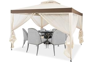 Giantex Cenador con Techo Gazebo Pabellón Exterior 3 x 3 m, con Estructura de Acero y 4 Cortinas Laterales, Ventilación y Anti-Mosquitos, para Terrazas, Céspedes, Balcones (Beige)