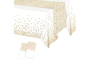 YAAVAAW 2Pcs 137*274cm White and Gold Disposable TableCloths Party Paper Plastic TableCloth,Large Thicken Dot Rectangular Waterproof Table Cover for Picnic,Halloween,Wedding,Christmas,Birthday Party Decor