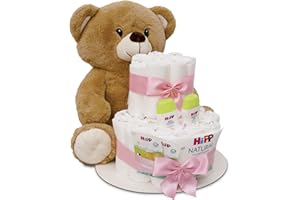 MilaBoo® - Torta di pannolini, rosa, da bambina, con un grande orsacchiotto morbido, per neonati, torta con pannolini e prodotti