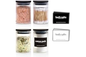 Mason & Fable Ribbed Glass Bathroom Jars with Airtight Black Bamboo Lids | Cotton Pad/Buds/Q tip Holder | Bath Salt/Small Makeup/Clear Vanity Apothecary Storage Canister (10fl.oz-300ml-4x)