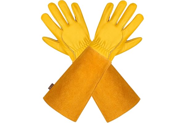 isilila Gants de Jardinage en Cuir Respirant pour Homme et Femme avec Gant Anti-épine, Manches Longues en Cuir de Vache pour Jardinier et Fermier, Jaune