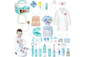 deAO Zestaw do zabawy w małego dentystę, chirurga oraz weterynarza - 30 akcesoriów medycznych z efektami świetlnymi oraz dźwiękowymi; elektroniczny stetoskop, fartuch laboratoryjny z czapką oraz narzędzia medyczne (niebieski)