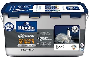 RIPOLIN - Peinture Façade 2 en 1 Extrême Extérieur - Sous-Couche Intégrée - Très Forte Adhérence - Protection Contre Micro-organismes - Résistance aux UV et Intempéries - Mat - 2,5L - Blanc