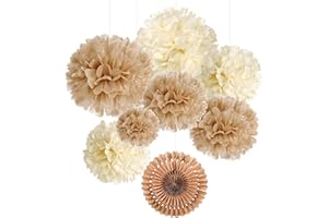 SUNBEAUTY Pompom Papier de Soie 7pcs Decoration Salle de Mariage Boho, Brun, Deco Mariage Champetre Éventail en Papier Suspension pour Anniversaire Chambre Maison Deco
