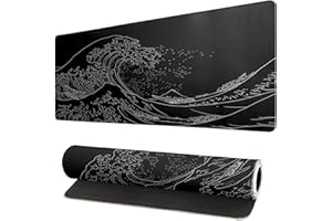 Brecoy Japanese Sea Wave Large Mouse Pad, Anime Black Gaming, Extended Kanagawa Mat Desk Pad, 3mm Thick Long Non-Slip Rubber Base Mice Pad, 31.5 X 11.8 Inch