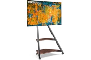 FITUEYES Design mobilny stojak na telewizor na kółkach z 2 półkami na 32 43 55 65 cali podłogowy stojak na telewizor artystyczny kąt ± 15° regulowana wysokość 946-1076,5 mm maks. obciążenie 40 kg do