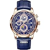 Montres-bracelets LIGE pour hommes Bracelet en cuir noir Chronographe Quartz Montres pour hommes avec motif Date Moon Phase Montres imperm&eacute;ables pour hommes Montres-bracelets &eacute;l&eacute;gantes pour hommes Cadeau pour hommes Bleu or Classique