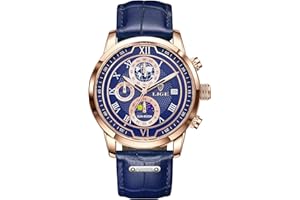 LIGE Montre pour Hommes Chronographe Quartz avec Date Moonphase Design Noir Bracelet en Cuir Montre Quotidienne étanche - Montres élégantes pour Le Travail et La Vie Quotidienne