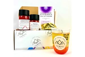 TEMPO TEA BAR Bubble Tea Kit - Mango with Strawberry Popping Boba, Serves 3, Fruit Tea Concentrate, Low Calorie, Low Sugar