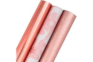 Holijolly Rouleau de papier d'emballage de Noël - Mini rouleau - Renne/Papier métallisé or rose/Papier pailleté or pour emballage cadeau, bricolage - 43.2cm×305cm - 3 Rouleaux (42.5 sq.ft.ttl.)