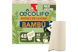 œcolife Strofinacci da cucina in bambù, 48 rotoli, 45 fogli per rotolo, 3 strati, polpa di bambù non sbiancata con proprietà antibatteriche