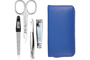 ‎SONNENSCHEIN BY HANS KNIEBES Maniküre Set 4 teilig Reise Etui - Nagelschere, Nagelknipser, Nagelfeile und Pinzette - Etui aus echtem Nappa-Lammleder - Maniküre und Pediküre (Kobaltblau)