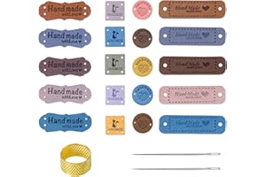 DesertBoy 103 Stück Handgefertigte Lederetiketten Leder Etiketten Handmade Label PU Leder Etiketten mit Nähnadeln Großes Öhr & Nähen Fingerhut für Jeans Taschen Schuhe Hut Handwerk Stricken und Häkeln