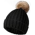 Fullogo Winter Hats for Women - Double Layer Fleece Line Beanie Hat, Stretch Womens Winter Hats Detachable Bobble Pom Hat Black