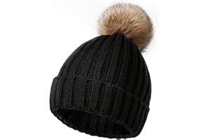 Fullogo Winter Hats for Women - Double Layer Fleece Line Beanie Hat, Stretch Womens Winter Hats Detachable Bobble Pom Hat Black