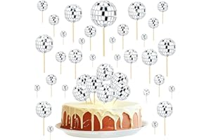 ZHDWC 30-Pack Disco Ball Cake Decoration, Mini Disco Balls, Mini Disco Balls Cake Toppers Disco Theme Cake Toppers with Bamboo Sticks for Disco Theme Party Supplies Cake Dessert Toppers (Silver)