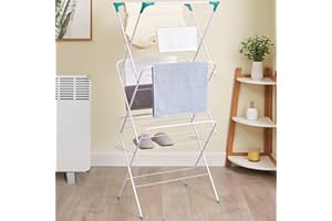 Vivo Technologies 3 Tier Deluxe 14m Foldable Clothes Airer, Washing Line Horse Laundry Dryer Indoor Folding Drying Racks 4 Corner Hooks White