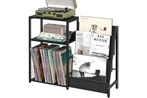 LELELINKY Schwarzer Schallplatten Ständer mit Vinyl-Aufbewahrung,Vinyl Schallplatten Aufbewahrungsschrank,der bis zu 150 Alben Aufbewahren kann,3 Stufiger Plattenspieler Schrank mit Display Regal für Wohnzimmer