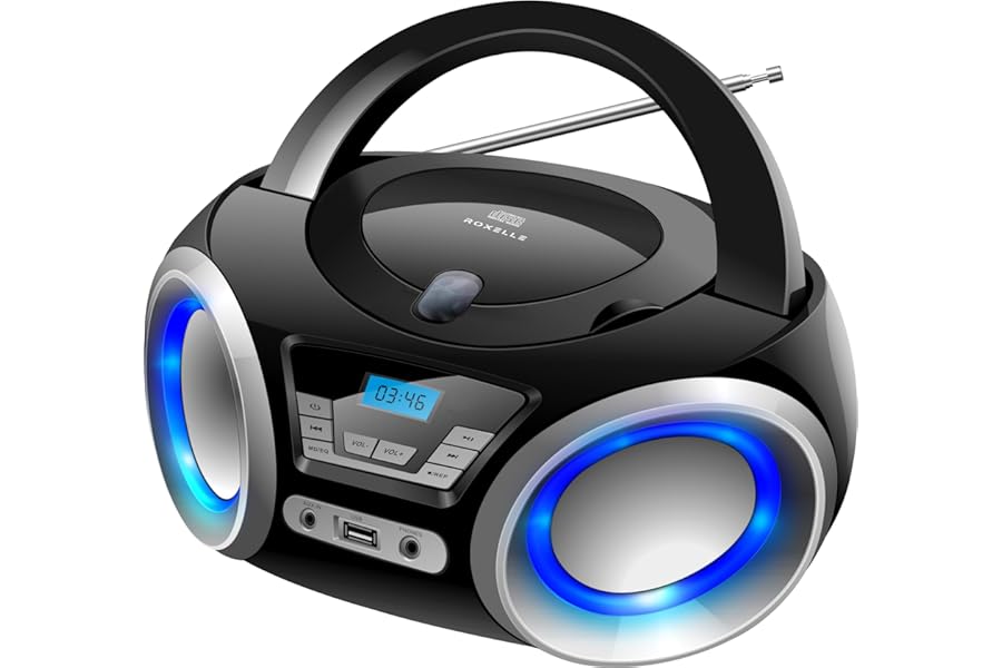 Roxelle CD-300 Portable CD Player with BT Streaming, FM Radio, USB MP3 Playback, AUX Input, Vibrant RGB Lighting, Dual Power (AC/Battery), LCD Display, Headphone socket