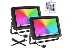 T-SUNUS 100W RGB LED Flood Lights, Colour Changing LED Security Garden Light with Remote Control, 16 Colours & 4 Modes, Waterproof Floodlight with UK Plug & Remote Control, Pack of 2