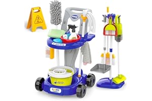 deAO Carrello delle pulizie per bambini, secchio, scopa, aspirapolvere, spazzole, paletta, spazzola a mano e molto altro ancora,Set Pulizie Giocattolo per Bambini, Giocattolo per Bambini 3 Anni +,Blu