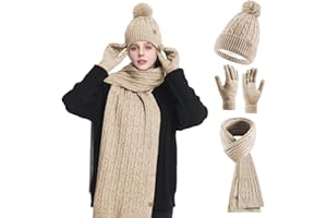 HOSPAOP Ensemble Bonnet Écharpe Gants Femme 3 en 1 – Bonnet Hiver avec Pompon doublé polaire, Longue Écharpe Chaude, Gants Tactiles pour Smartphone, Set Hiver Mode et Chaud