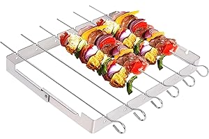 BRAVECOW Skewers Rack Set Barbecue Skewers Stainless Steel BBQ Kebab 6-Pack Metal Skewers for Kebabs Reusable Metal Sticks 35 cm with Foldable Shish Kebab Rack