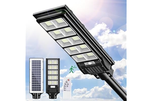 papasbox Lampadaire Solaire Exterieur Réverbère LED 500W avec Télécommande | Lampe de Sécurité à énergie Solaire 6500K avec Détecteur de Mouvement | Réverbère Solaire d'extérieur