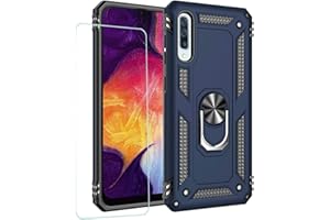 JOYTAG Hülle für Samsung A50 handyHülle+ Gehärtetes Glas Schutzfolie Silikon TPU 360 Grad Drehring aus Halter magnetisch Autotelefon case-Blau
