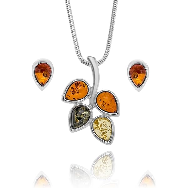 Dames Amber Zilveren Sieradenset Met Verstelbare Ketting En Oorbellen
