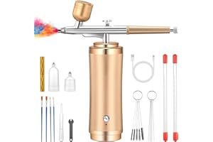 Powate Airbrush Kit with Compressor, 48 PSI Rechargeable Cordless Non-Clogging Air Brush Set with 0.2/0.3/0.5mm Nozzles for Nail Art, Makeup, Cake Decoration, Model Painting(Gold)